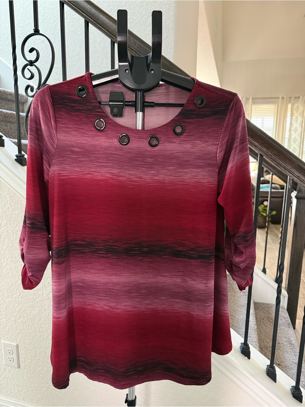 Women’s Ombre Red Tunic Top with Eyelet Neckline